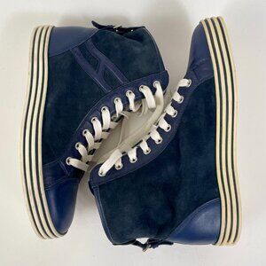 Women's Hogan Rebel R182 High Top Sneakers, Navy Blue Leather/Suede, Size 39